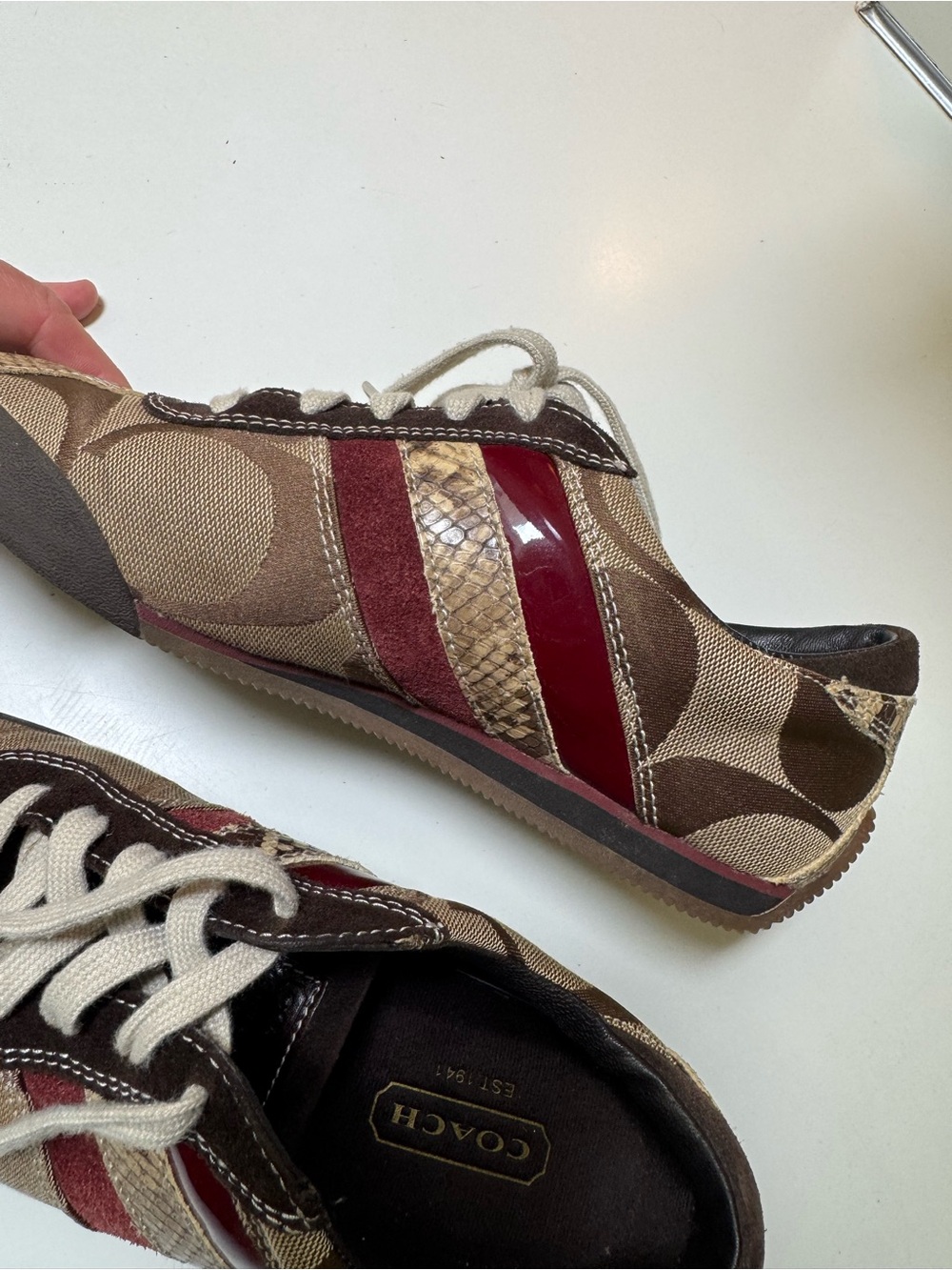 Coach Brown Burgundy patent suede logo, snake skin Signature Canvas sneakers 7.5 - Picture 9 of 11